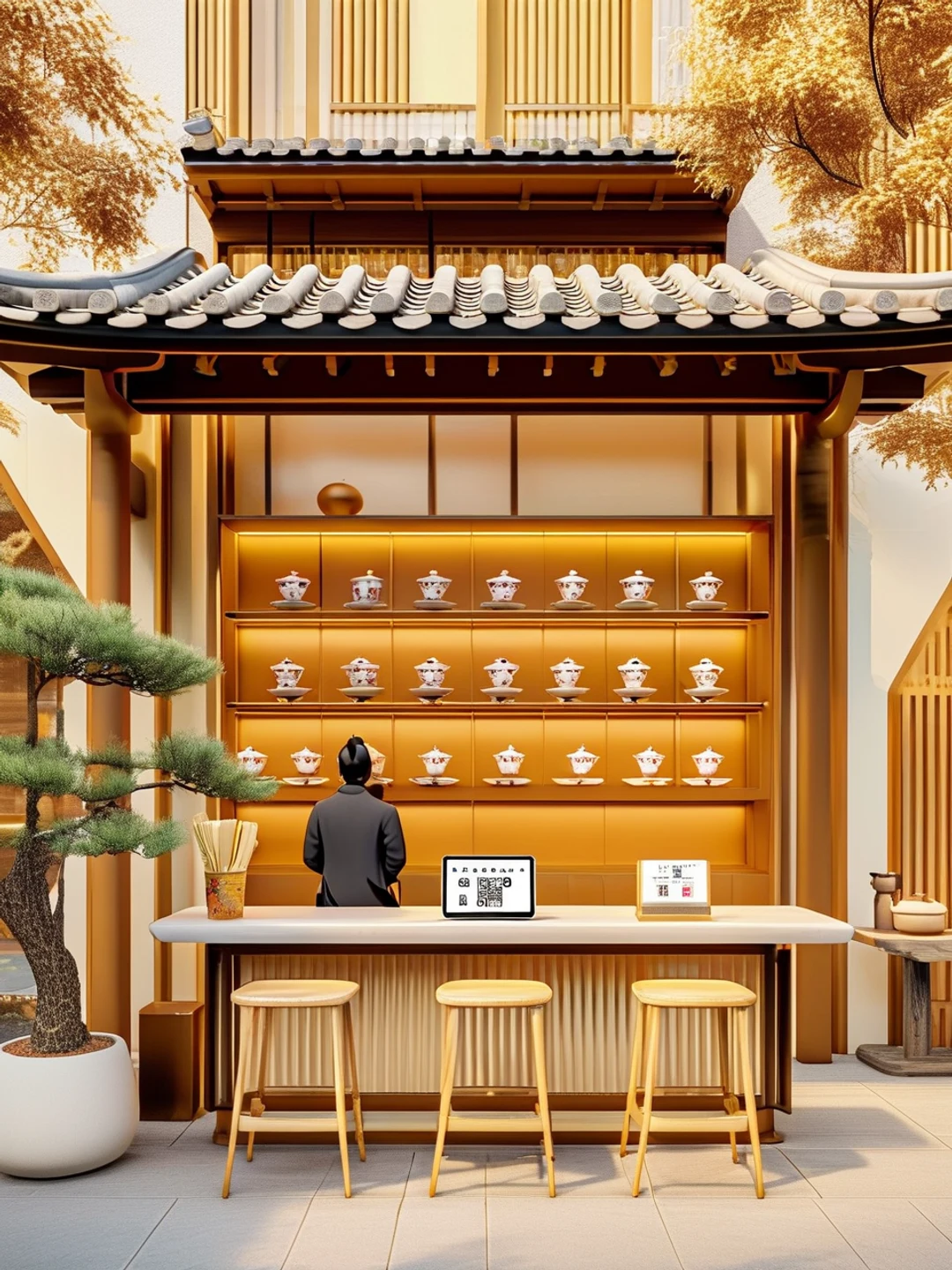 茶楼高峰时段前台场景:木柜台旁有取餐台、外卖订单队列屏与包间预约核销二维码,色调温暖柔和,无文字无水印