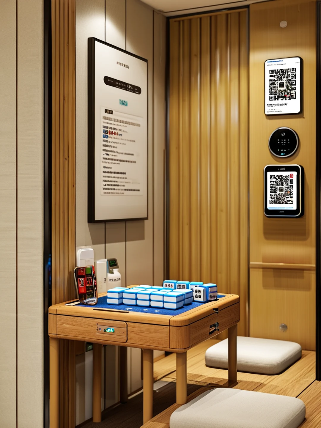 共享棋牌室包间场景，顾客手机扫码预约，门口带智能门锁