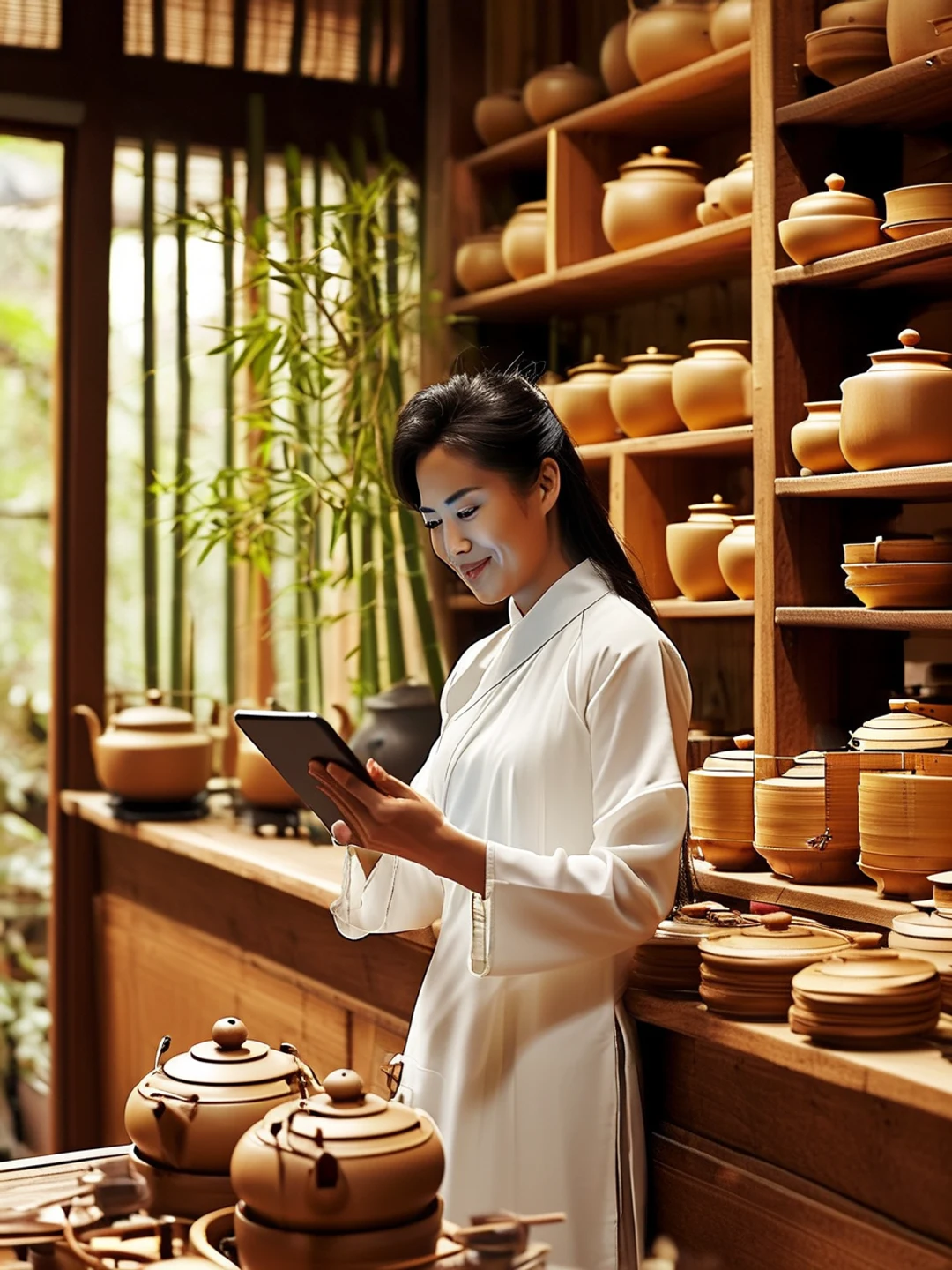 茶楼店长在木柜台前查看 AI 经营日报的复购率指标