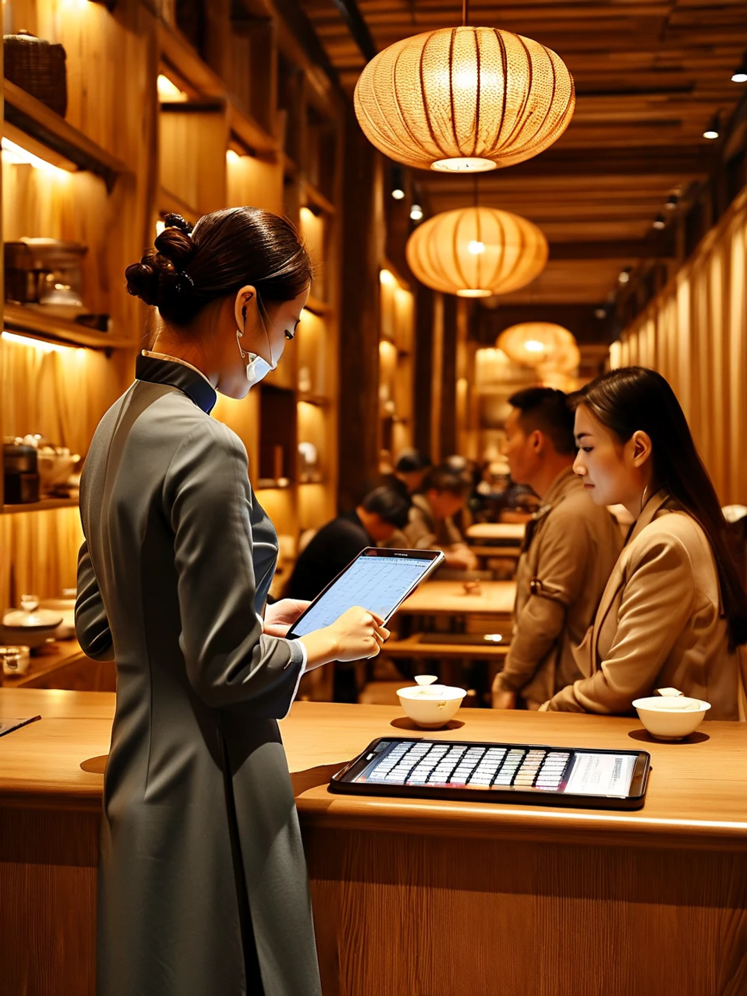 茶楼前台工作人员查看包间长包与月卡预约时段表的实操场景